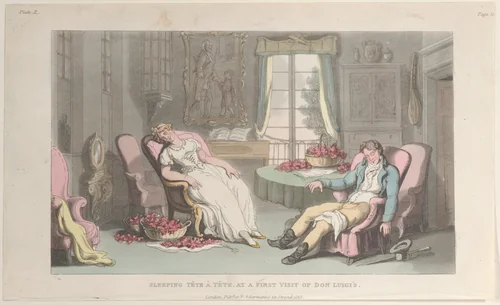 Sleeping Tête à Tête, at a First Visit of Don Luigi's by Thomas Rowlandson, print, 1815