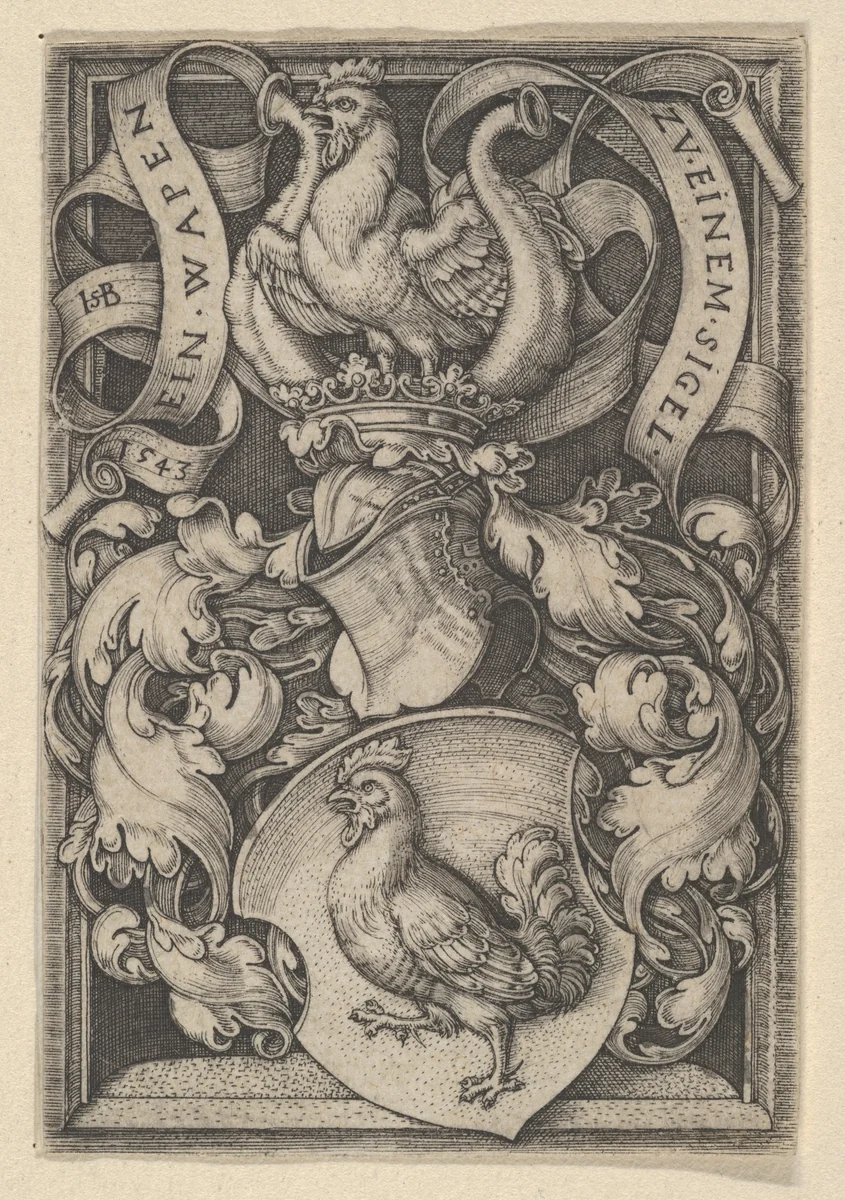 Coat of Arms with a Cock by Sebald Beham, print, 1543