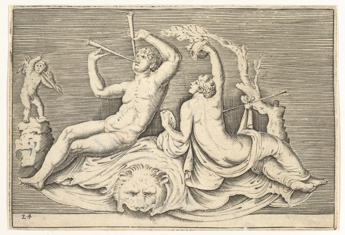 Man Playing Two Flutes and Woman on Lionskin, from "Ex Antiquis Cameorum et Gemmae Delineata/ Liber Secundus/et ab Enea Vico Parmen Incis" by anonymous, print, 1599-1622