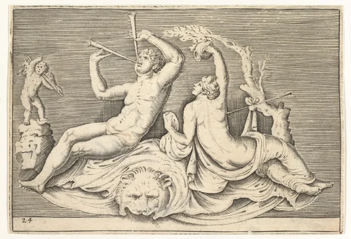 Man Playing Two Flutes and Woman on Lionskin, from "Ex Antiquis Cameorum et Gemmae Delineata/ Liber Secundus/et ab Enea Vico Parmen Incis" by anonymous, print, 1599-1622