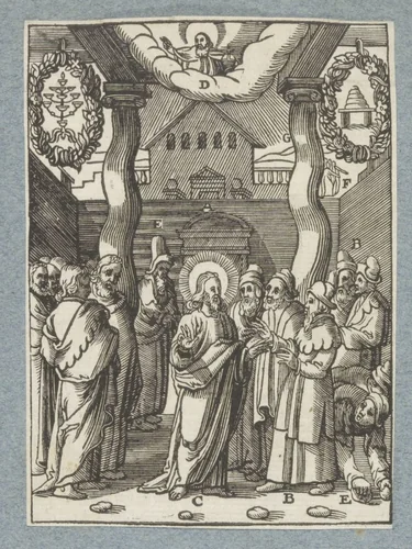 Farizeeën willen Christus opnieuw stenigen by Christoffel van Sichem, print, 1629