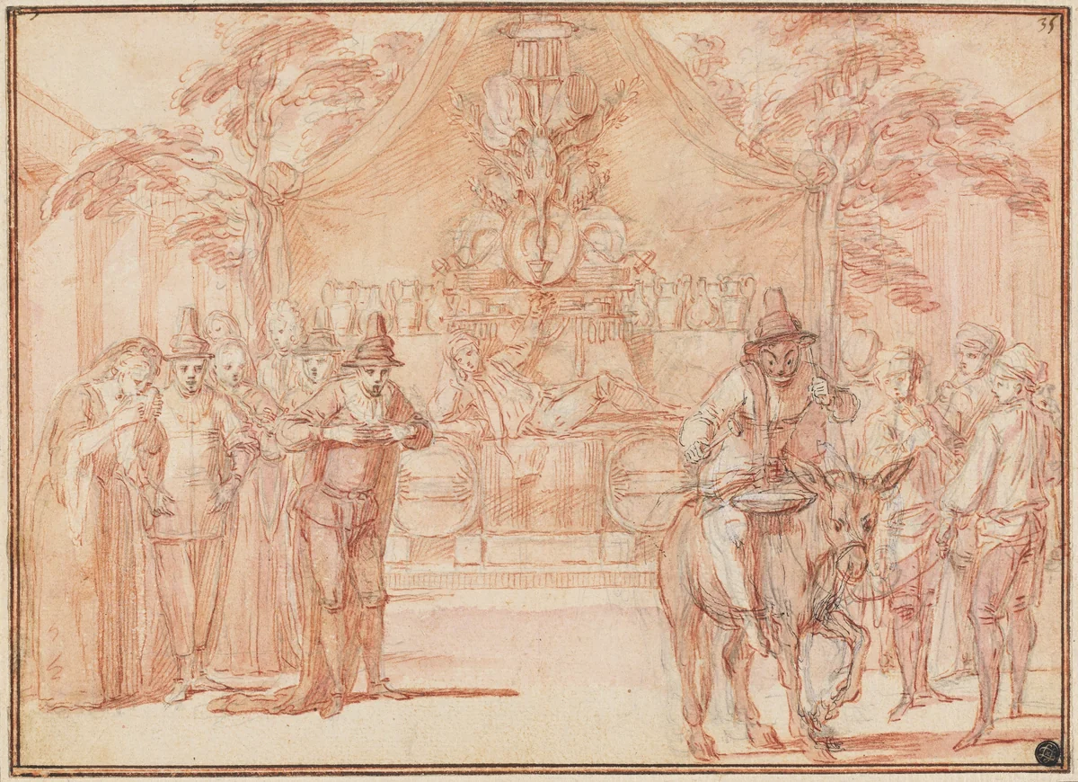 Scene from "The Tomb of Master André" by Claude Gillot, drawing, 1700-1710