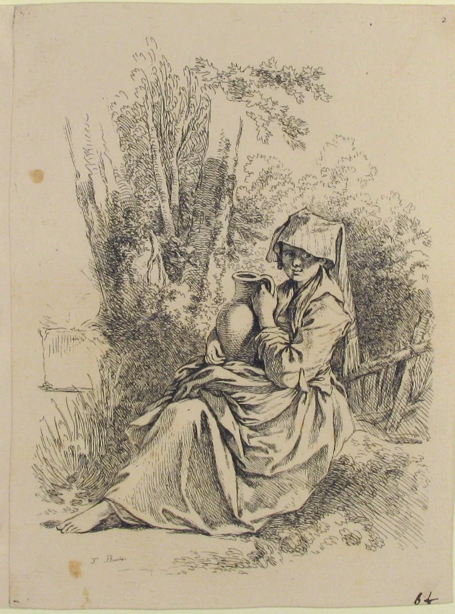 Seated Young Peasant Woman Holding a Jug, from Nouveau Livre de diverse Figures (New Book of Various Figures) by François Boucher, print, 1751