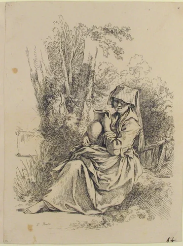 Seated Young Peasant Woman Holding a Jug, from Nouveau Livre de diverse Figures (New Book of Various Figures) by François Boucher, print, 1751