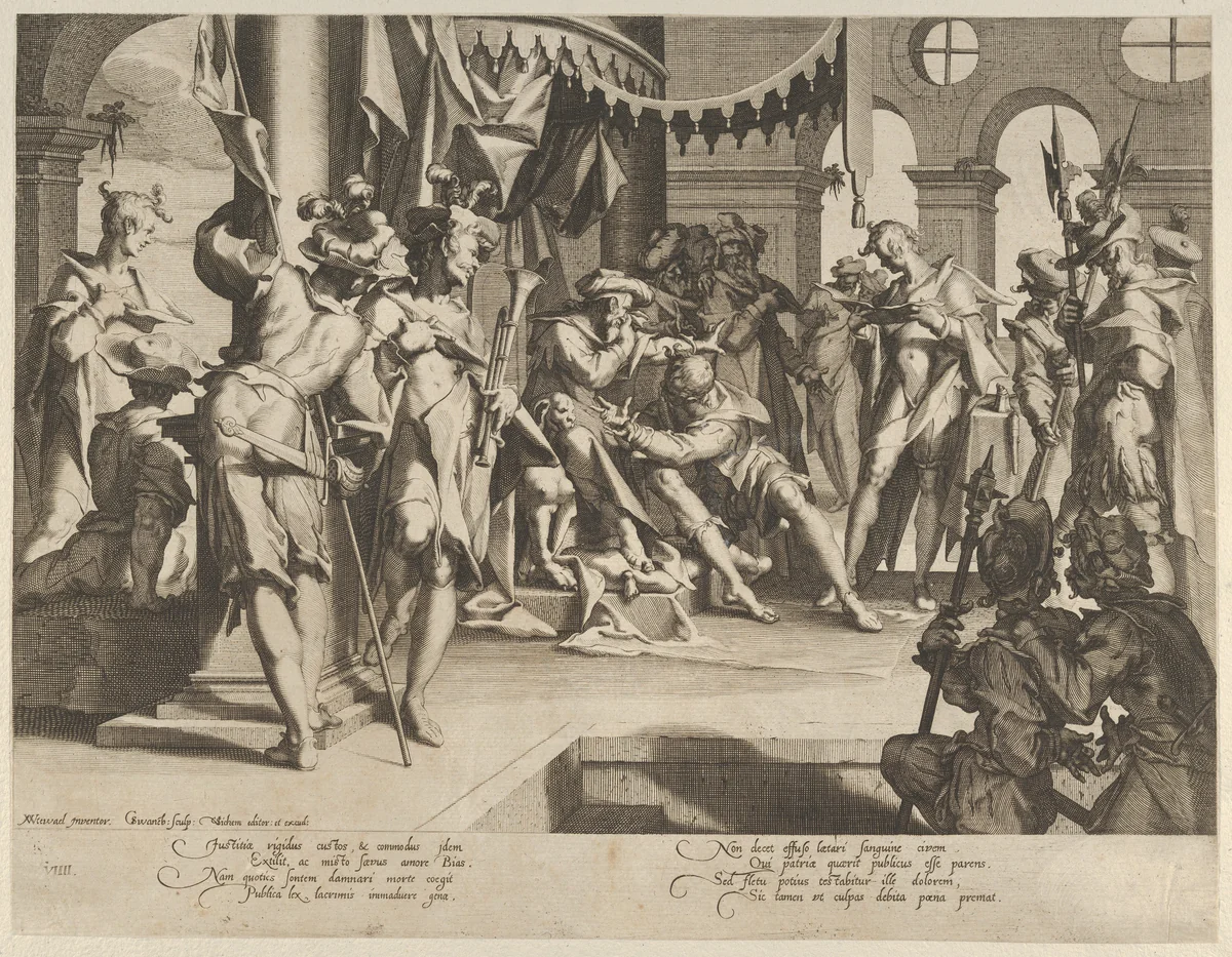 The Judge Bias Shedding Tears, plate 9 from "Thronus Justitiae, tredecim pulcherrimus tabulis..." by Willem van Swanenburg, print, 1605-1606