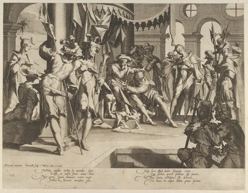 The Judge Bias Shedding Tears, plate 9 from "Thronus Justitiae, tredecim pulcherrimus tabulis..." by Willem van Swanenburg, print, 1605-1606