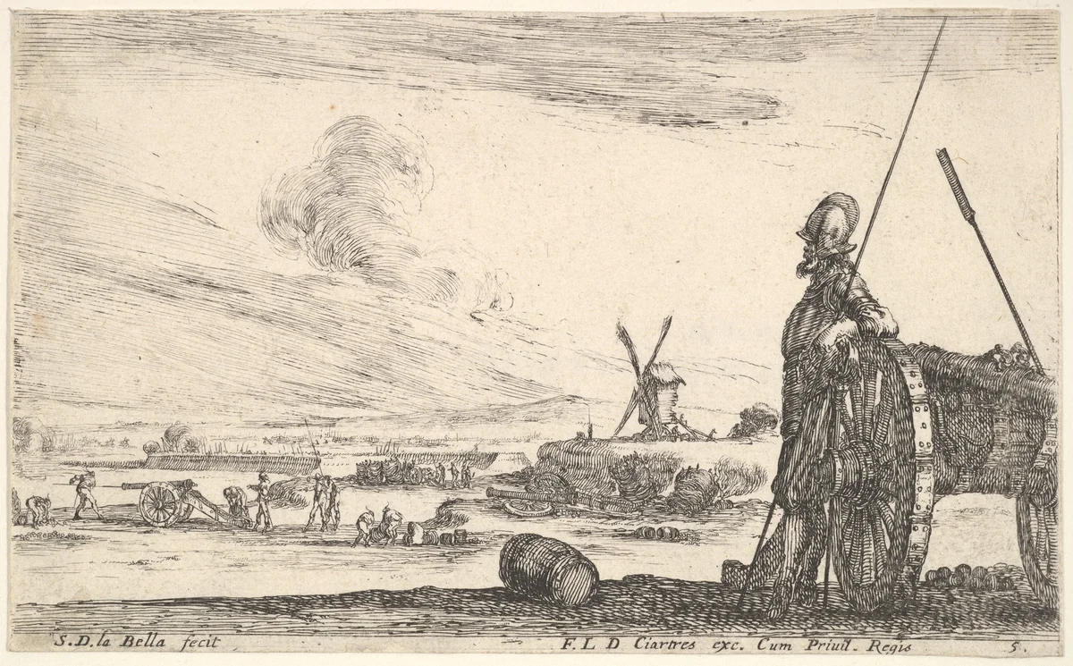 Plate 5: A Pikeman standing at right next to a canon, other military figures in the background, from "Various Military Caprices" (Varii capricci militari) by Stefano della Bella, print, 1641