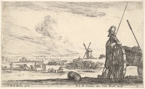 Plate 5: A Pikeman standing at right next to a canon, other military figures in the background, from "Various Military Caprices" (Varii capricci militari) by Stefano della Bella, print, 1641