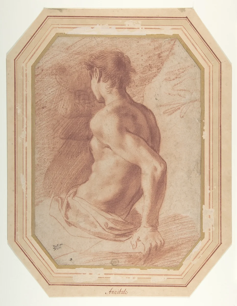 Back View of a Seated Nude Youth Facing Left by Annibale Carracci, drawing, 1560-1609