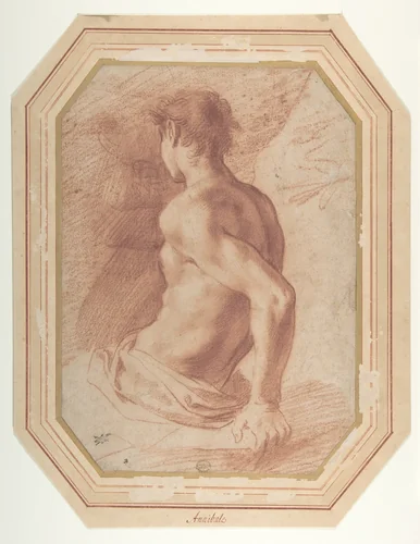 Back View of a Seated Nude Youth Facing Left by Annibale Carracci, drawing, 1560-1609