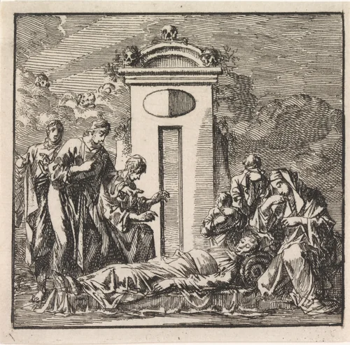 Zes personen rouwen bij een gestorvene by Jan Luyken, print, 1710