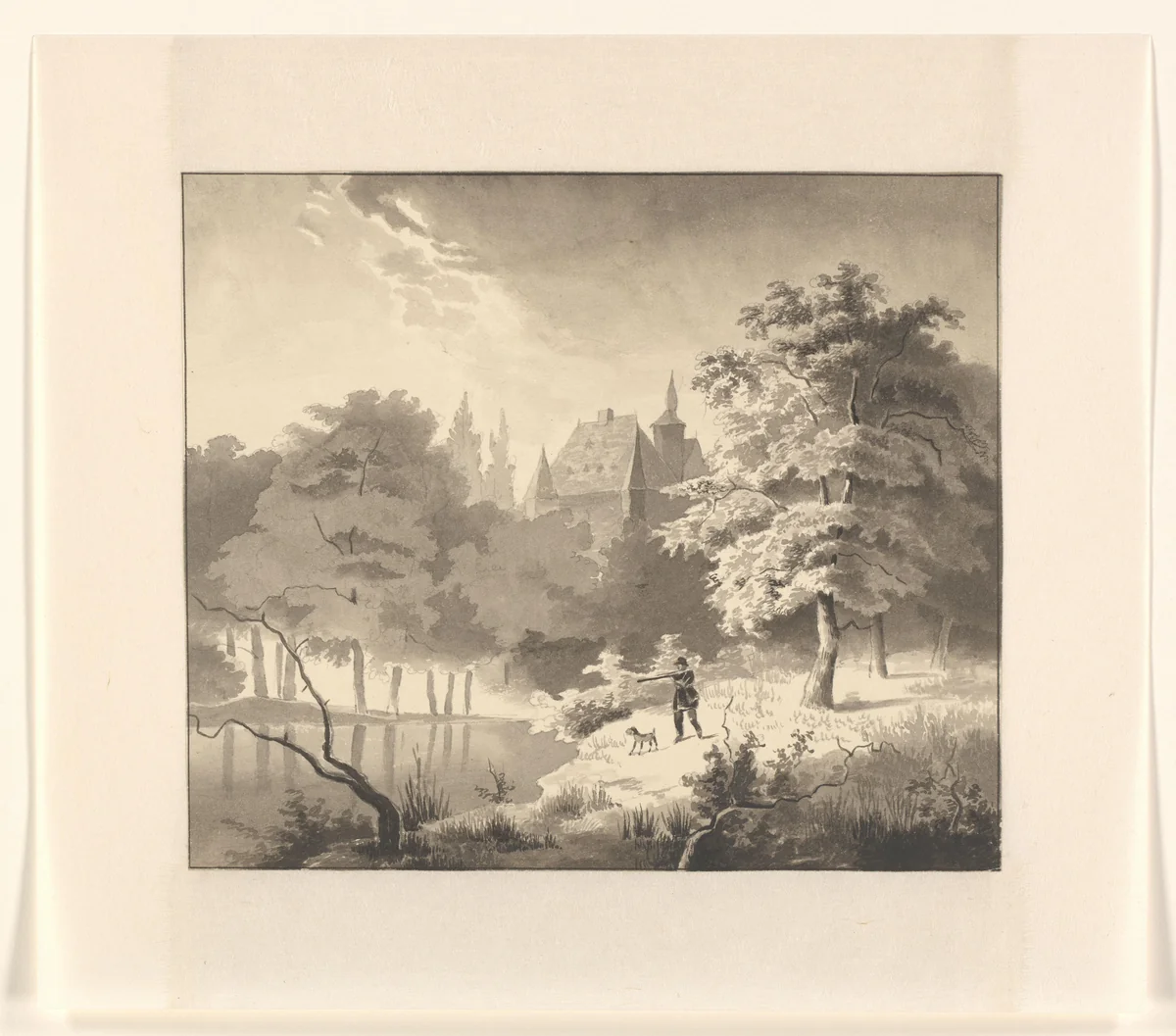 Landschap met een kasteel en jager met hond by Johannes van Reijn, drawing, 1800-1900
