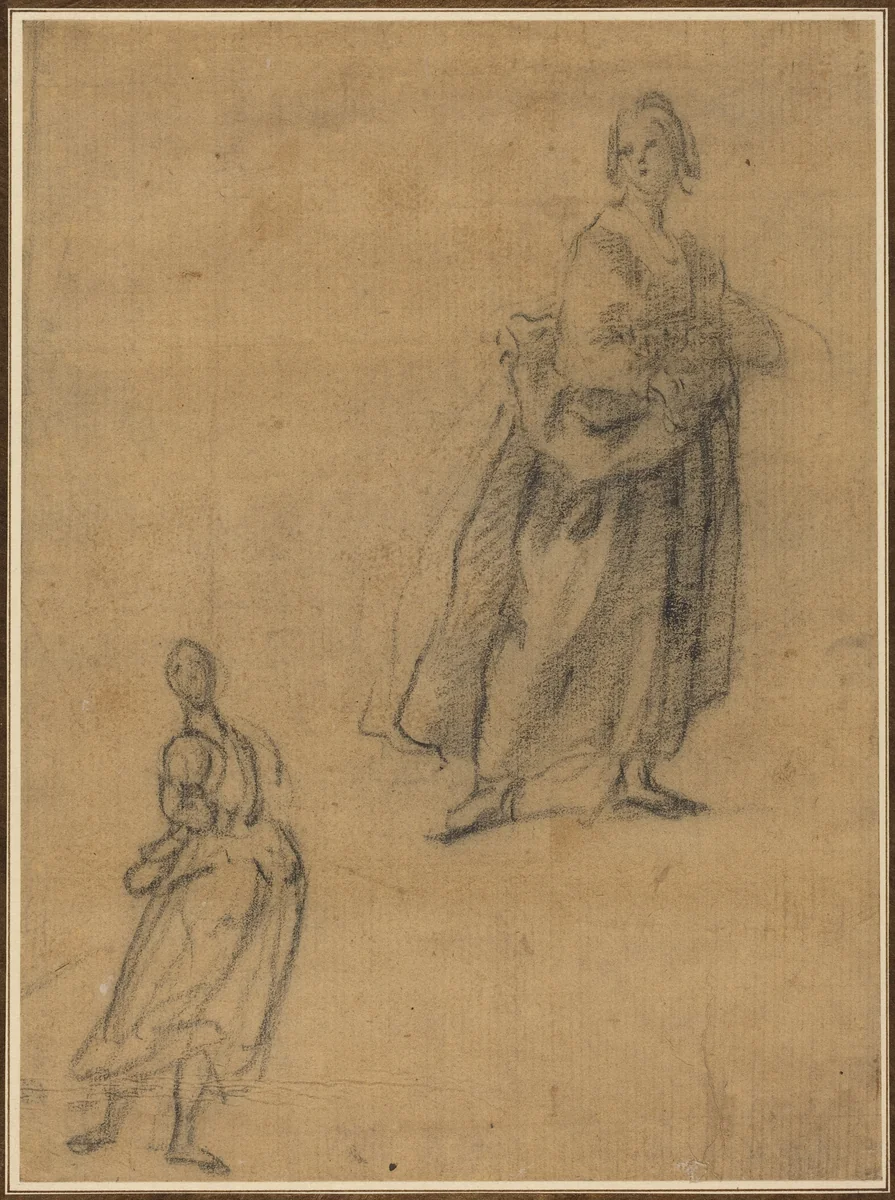 Two Studies of a Standing Woman by Italian 17th Century, drawing, 1600-1649