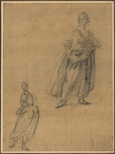 Two Studies of a Standing Woman by Italian 17th Century, drawing, 1600-1649