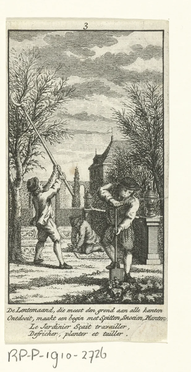 Maart: in de tuin werken by Jan Caspar Philips, print, 1736-1775