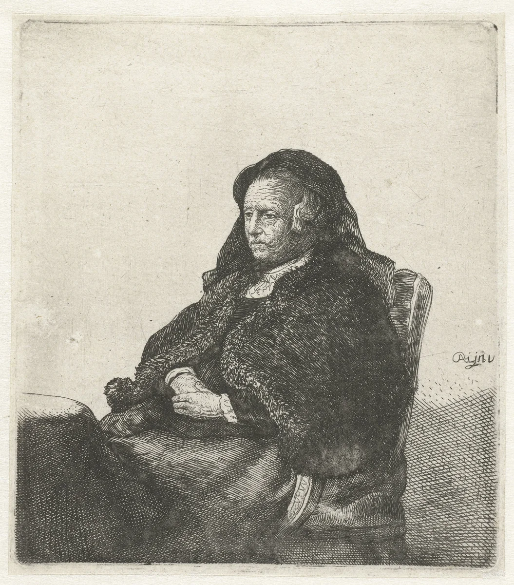 The artist's mother seated at a table, looking right: three quarter length by anonymous, print, 1631