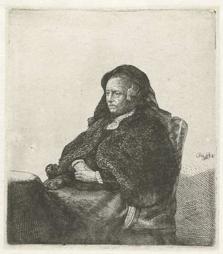 The artist's mother seated at a table, looking right: three quarter length by anonymous, print, 1631