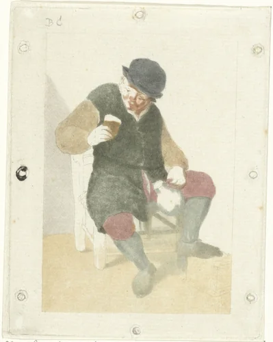 Zittende boer met kruik by Cornelis Ploos van Amstel, print, 1763-1768