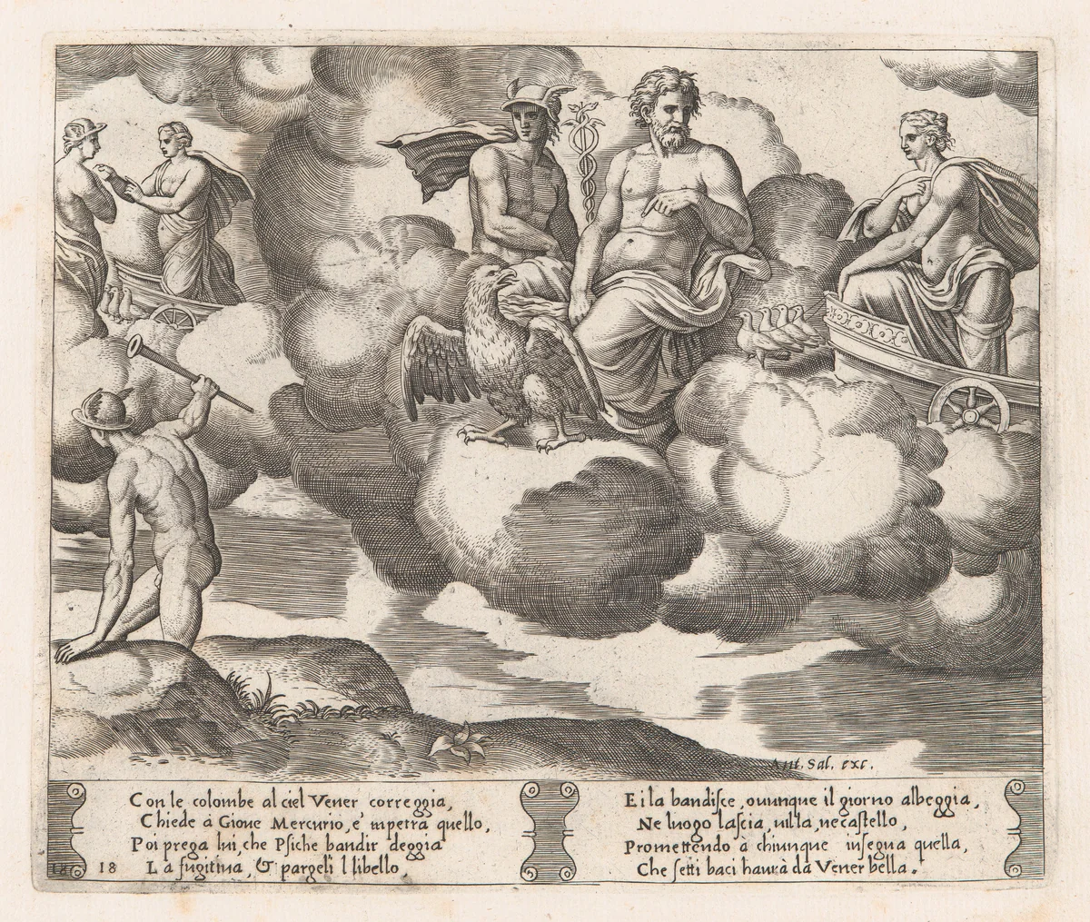 Plate 18: Venus in her dove-drawn chariot complaining to Jupiter, who is accompanied by Mercury and an eagle, at left Mercury has descended to earth, from "The Story of Cupid and Psyche as told by Apuleius" by Master of the Die, print, 1530-1560
