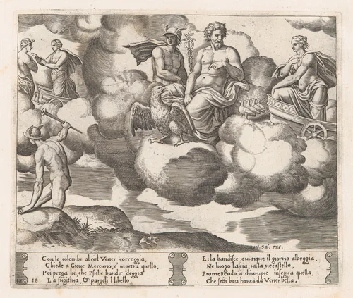Plate 18: Venus in her dove-drawn chariot complaining to Jupiter, who is accompanied by Mercury and an eagle, at left Mercury has descended to earth, from "The Story of Cupid and Psyche as told by Apuleius" by Master of the Die, print, 1530-1560