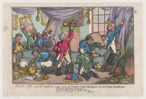 King Joe and Co. Making the Most Of Their Time Previous To Quitting Madrid by Thomas Rowlandson, print, 1808