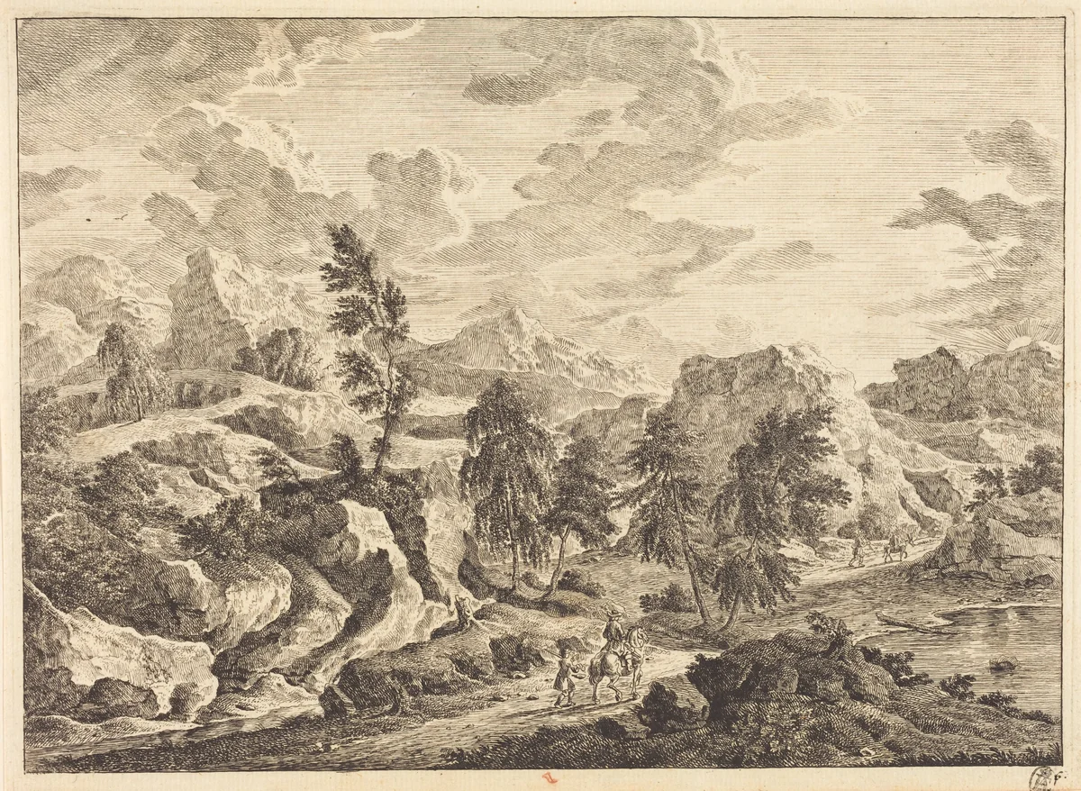 Landscape with the Rising Sun and a Rider with Attendant by Georg Eisenmann, print, 1719-1826