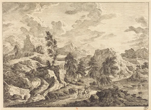 Landscape with the Rising Sun and a Rider with Attendant by Georg Eisenmann, print, 1719-1826