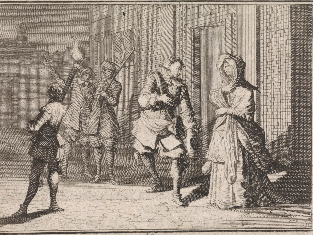 Vrouw treft haar minnaar op straat bij nacht by Caspar Luyken, print, 1710
