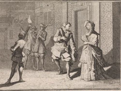 Vrouw treft haar minnaar op straat bij nacht by Caspar Luyken, print, 1710