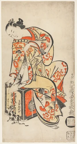Courtesan Playing with a Cat by Kaigetsudo Dohan, print, 1710-1720