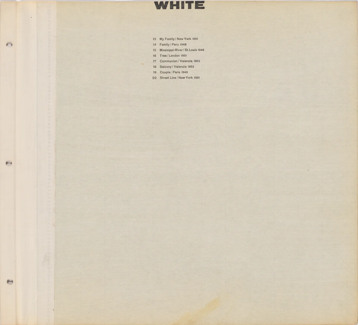 Title page for White / Text page with illustration number by Robert Frank, print, 1952