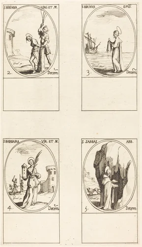 St. Bibiana; St. Birinus; St. Barbara; St. Sabbas by Jacques Callot, print, 1627-1637