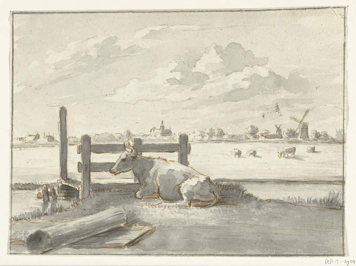 Wei met liggende koe op de voorgrond by Jean Bernard, drawing, 1775-1833