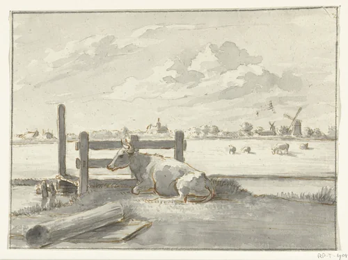 Wei met liggende koe op de voorgrond by Jean Bernard, drawing, 1775-1833