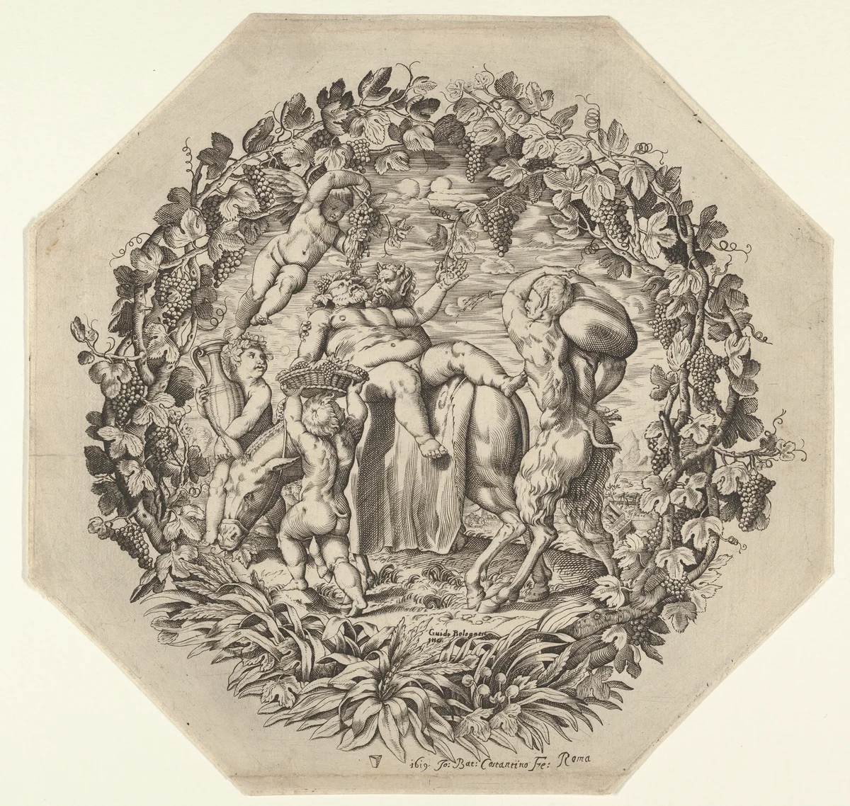 A Bacchanal: a satyr holds Silenus as he lies on a donkey's back and picks a leaf from a garland, two putti carry an amphora and a basket with grapes at left, and a faun carries a sack at right by Giovanni Battista Costantini, print, 1619
