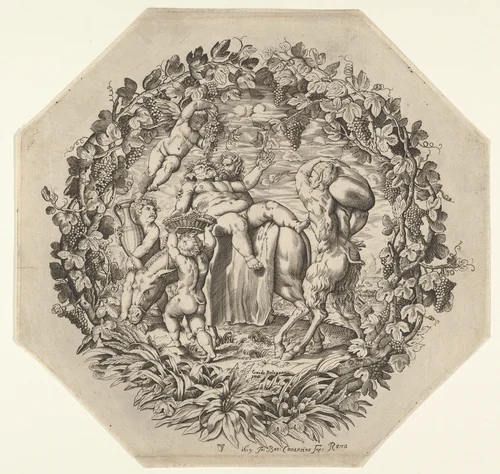 A Bacchanal: a satyr holds Silenus as he lies on a donkey's back and picks a leaf from a garland, two putti carry an amphora and a basket with grapes at left, and a faun carries a sack at right by Giovanni Battista Costantini, print, 1619