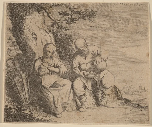 Peasant Couple Sitting under a Tree by Willem Basse, print, 1630-1660