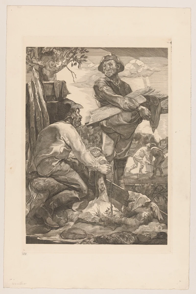 Twee arbeiders met touw en planken by Johannes Josephus Aarts, print, 1881-1934