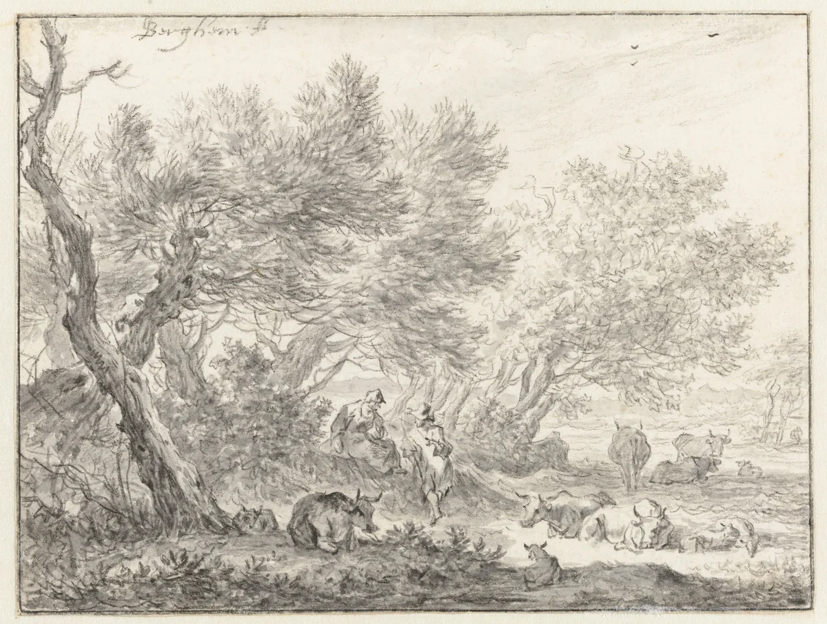 Herders en vee bij een groep bomen by Nicolaes Pietersz Berchem, drawing, 1650-1653