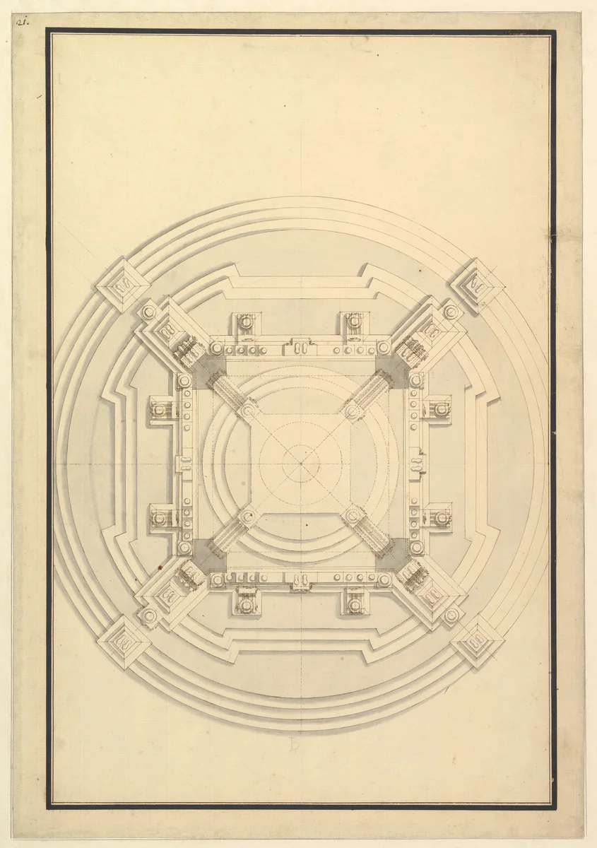 Ground Plan for a Catafalque for a Duchess of Hanover, probably Sophia (1630–1714), the mother of George I of England by Giuseppe Galli Bibiena, drawing, 1696-1756