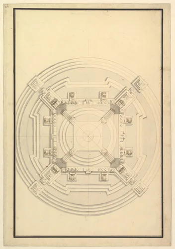 Ground Plan for a Catafalque for a Duchess of Hanover, probably Sophia (1630–1714), the mother of George I of England by Giuseppe Galli Bibiena, drawing, 1696-1756