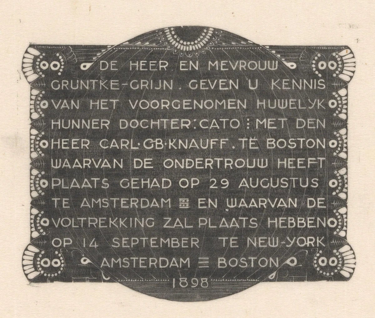 Trouwkaart Carl Knauff en Cato Gruntke by Karel Petrus Cornelis de Bazel, print, 1898