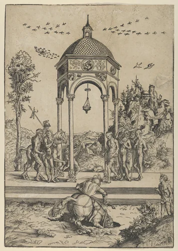 Marcus Curtius Plunging Into the Chasm by Lucas Cranach, print, 1472-1553
