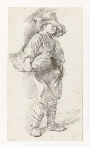 Standing Youth in a Large Hat, with a Basket under his Arm by Gerrit Berckheyde, drawing, 1670-1698