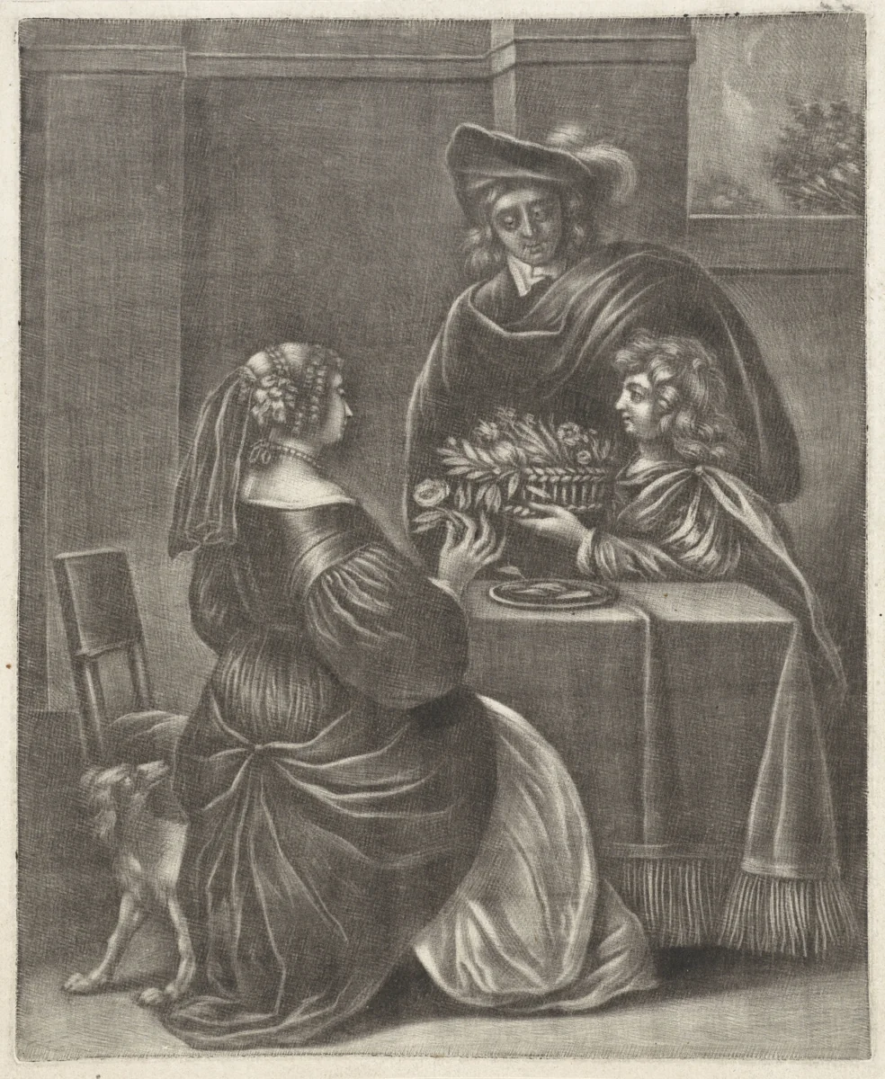 Jongen die een mand bloemen aanbiedt by Jan van Somer, print, 1655-1700