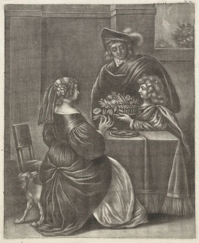 Jongen die een mand bloemen aanbiedt by Jan van Somer, print, 1655-1700