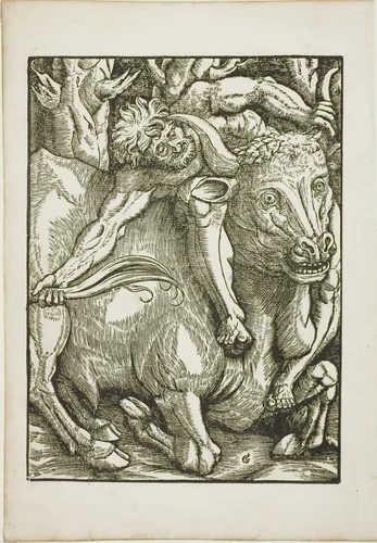 The Labors of Hercules: Hercules Capture of the Cretan Bull by Gabriel Salmon, print, 1523-1533