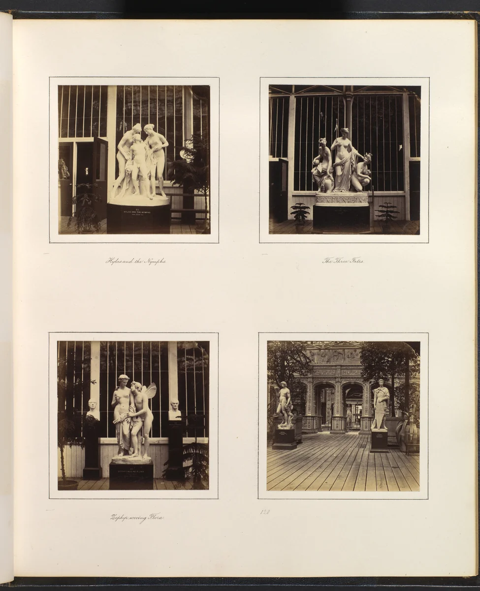 [Sculptures of Hylas and the Nymphs, Allegorical Figures of the Three Fates, Zephyr wooing Flora, and Michelangelo's Bacchus and Donatello's St. George] by Philip Henry Delamotte, photograph, 1857-1861