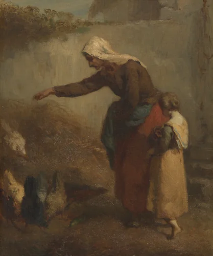 Woman Feeding Chickens by Jean-François Millet, painting, 1846-1848
