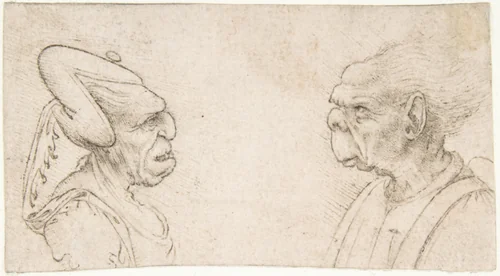 A Grotesque Couple: Old Woman with an Elaborate Headdress and Old Man with Large Ears and Lacking a Chin by Giovanni Francesco Melzi, drawing, 1491-1570